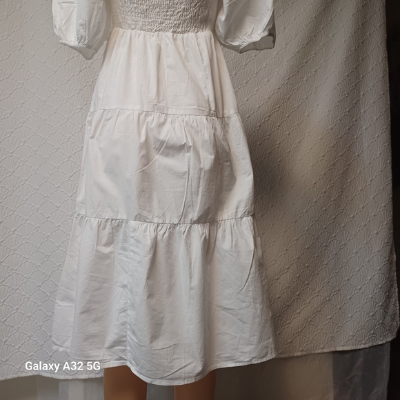 SIM Y SAM Women Size M Elegant White Puff Sleeve Dress100% Cotton Lining - Picture 8 of 13